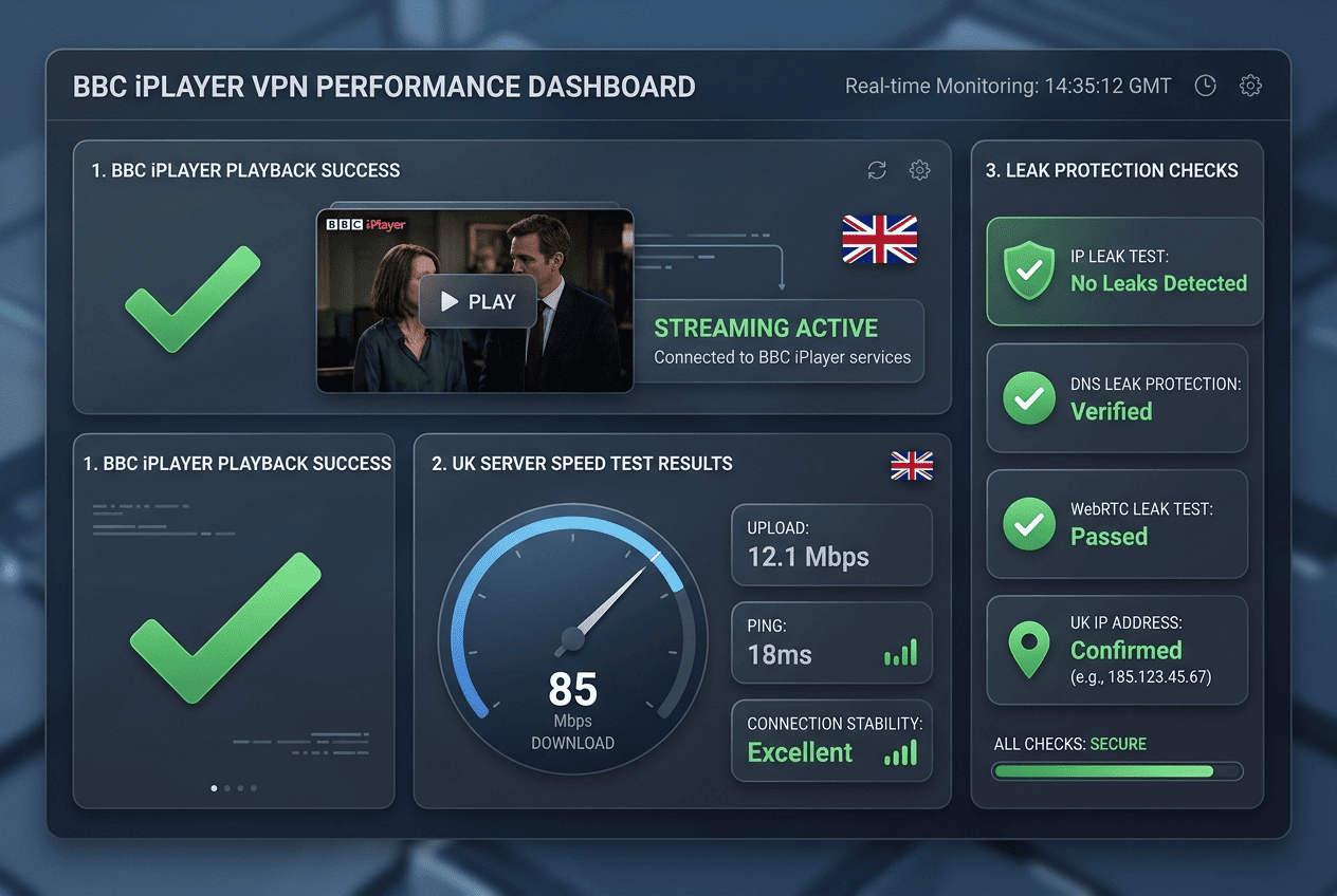 Testing dashboard showing BBC iPlayer playback success, UK server speed results, and leak protection checks