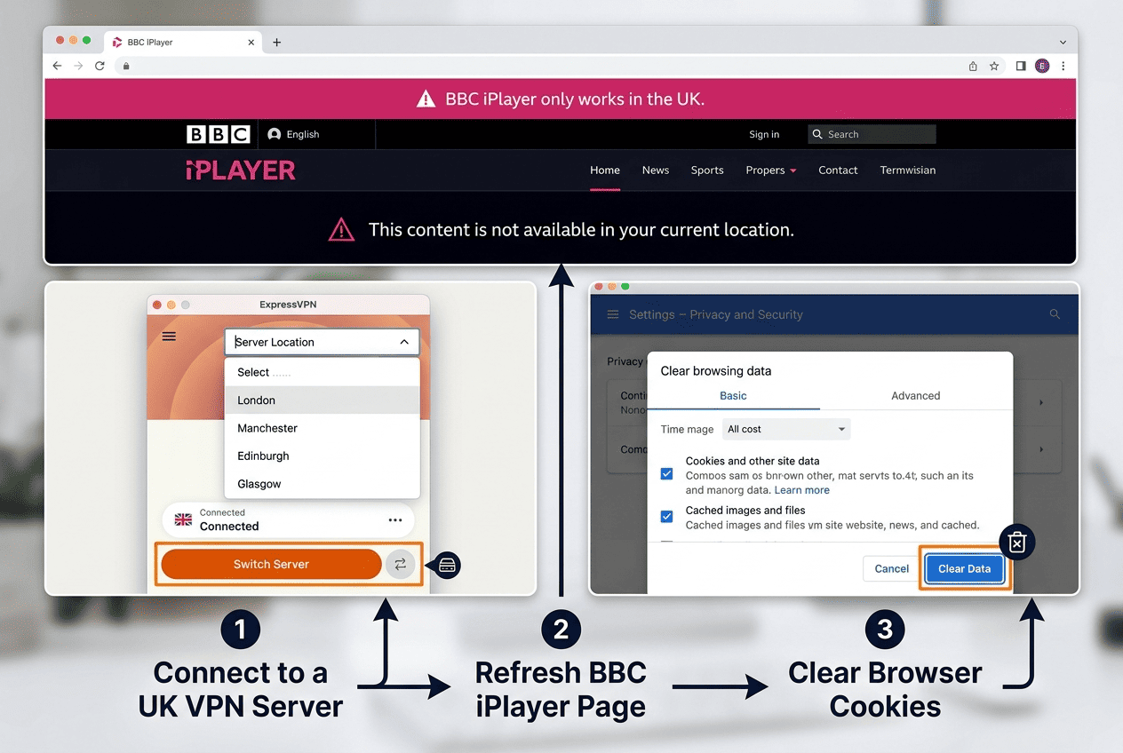 Troubleshooting screen with BBC iPlayer error message, UK server switch, and browser cookie clear steps