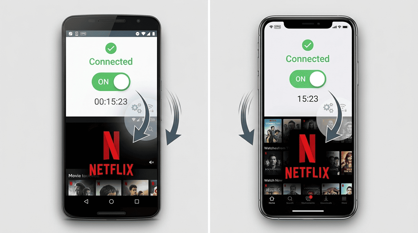 Side-by-side Netflix homepage mockup showing different title rows for the US, UK, and Canada libraries on the same account