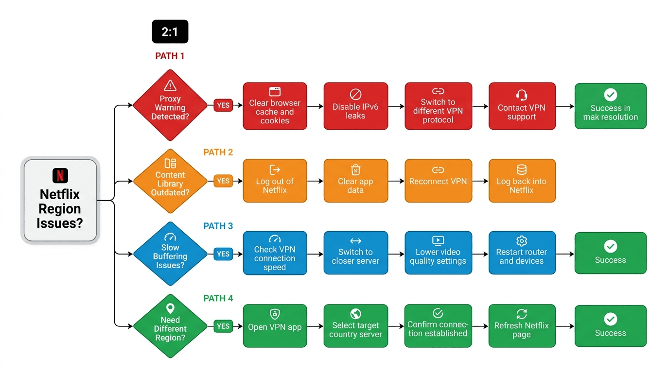 Troubleshooting flowchart for Netflix region problems: proxy warning, stale library, slow buffering, and server switch steps