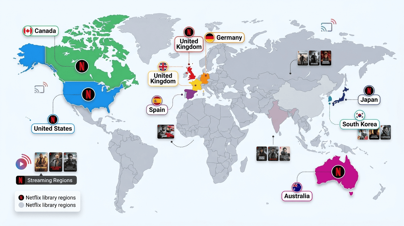 World map highlighting Netflix libraries in the US, UK, Canada, Germany, France, Spain, Japan, South Korea, and Australia