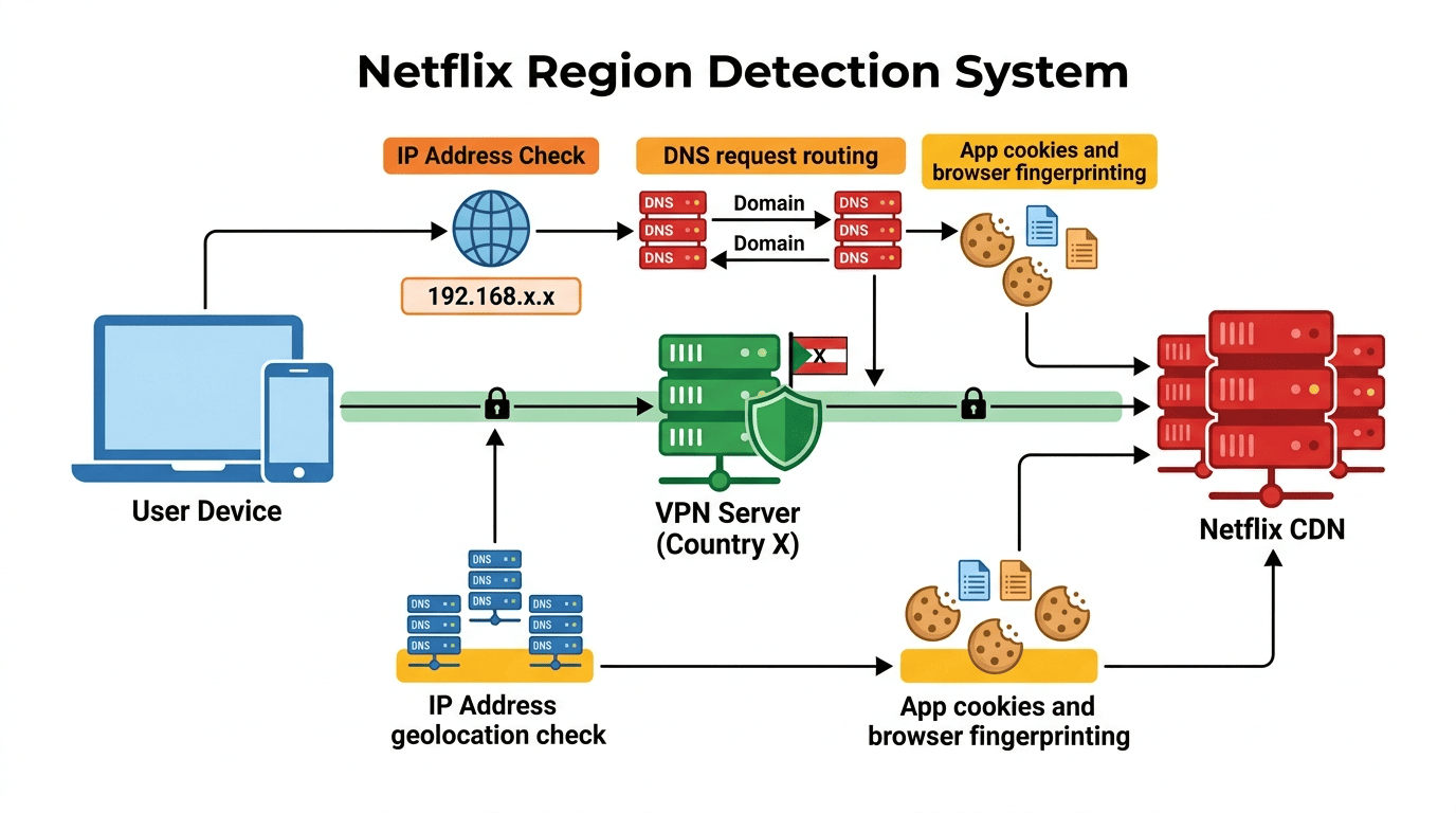 Diagram showing Netflix checking a user's IP address, DNS requests, and app cookies to determine region, with a VPN server in another country in the path