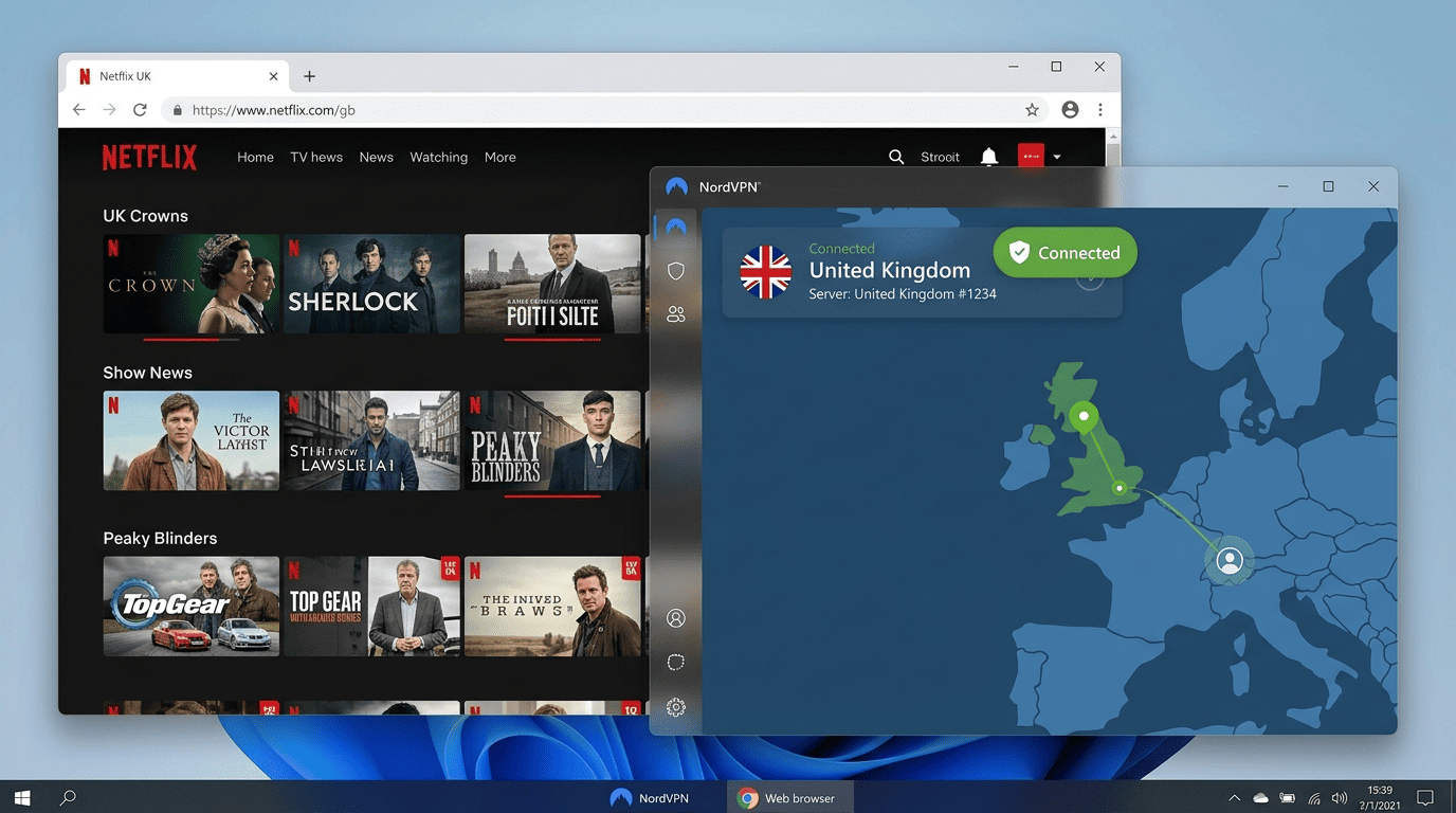 Screenshot of a NordVPN desktop app connected to a UK server, with Netflix open in a browser showing the UK home page