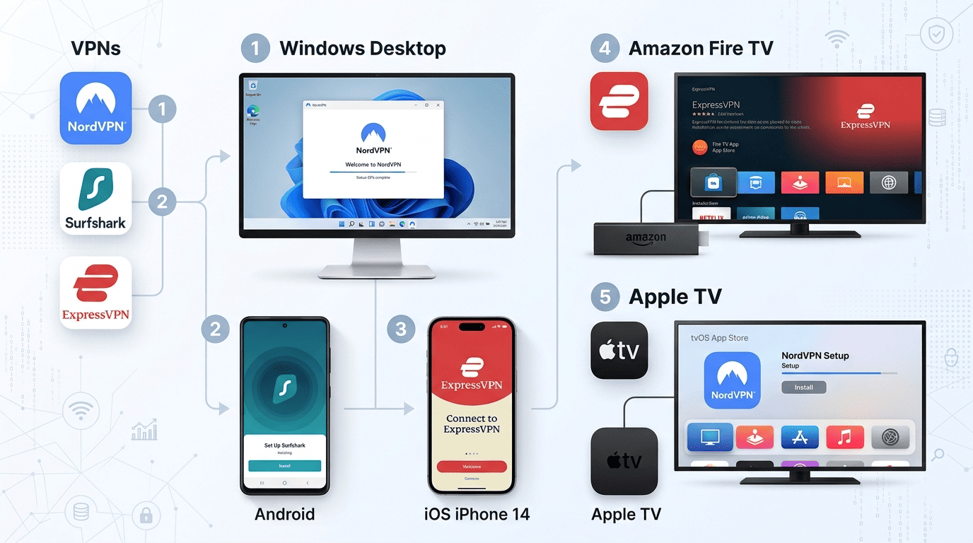 Installation flow showing NordVPN, Surfshark, and ExpressVPN apps on Windows, Android, iPhone, Fire TV, and Apple TV devices