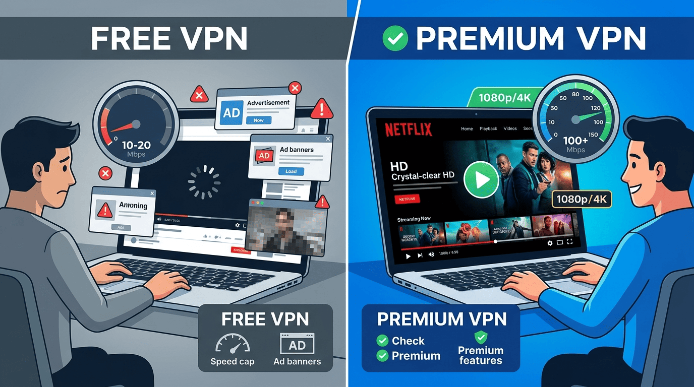 Split-screen illustration of a free VPN with speed caps and ads versus a paid VPN streaming Netflix in HD without buffering