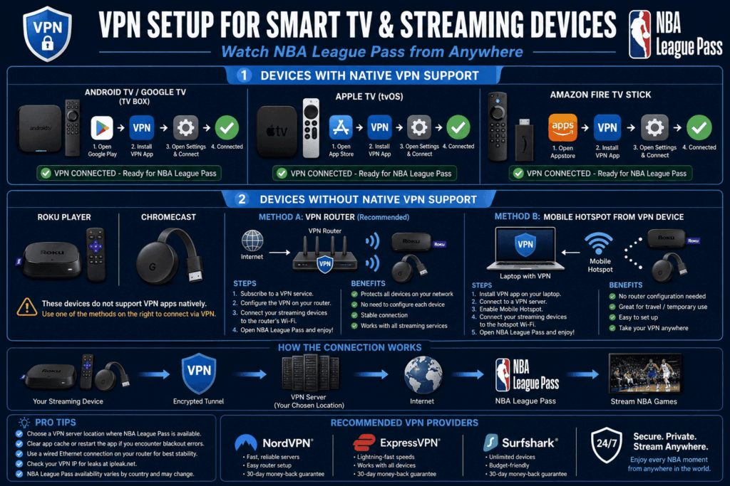 Infographic: how to set up a VPN on smart TVs and streaming devices for NBA League Pass