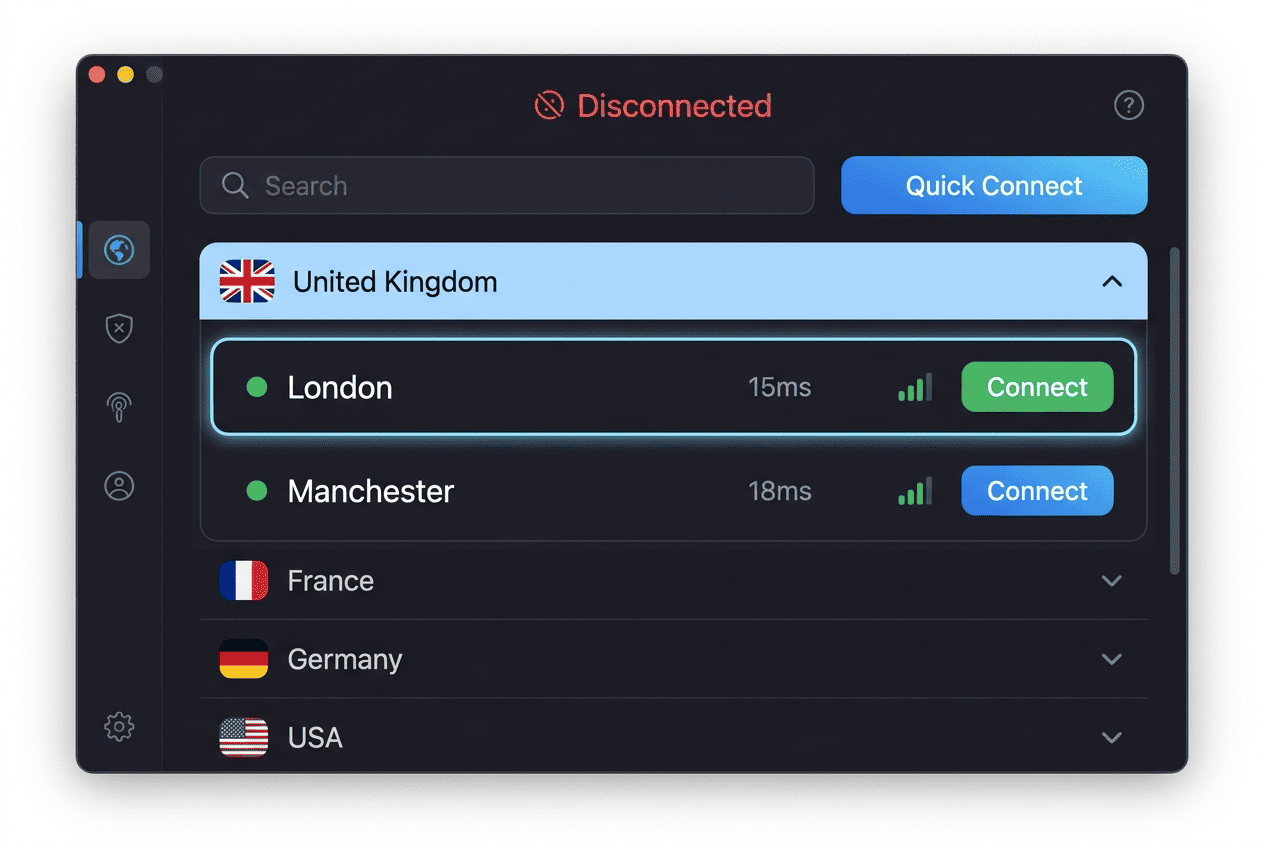 Screenshot of a VPN app server list with UK locations highlighted, such as London and Manchester, ready to connect