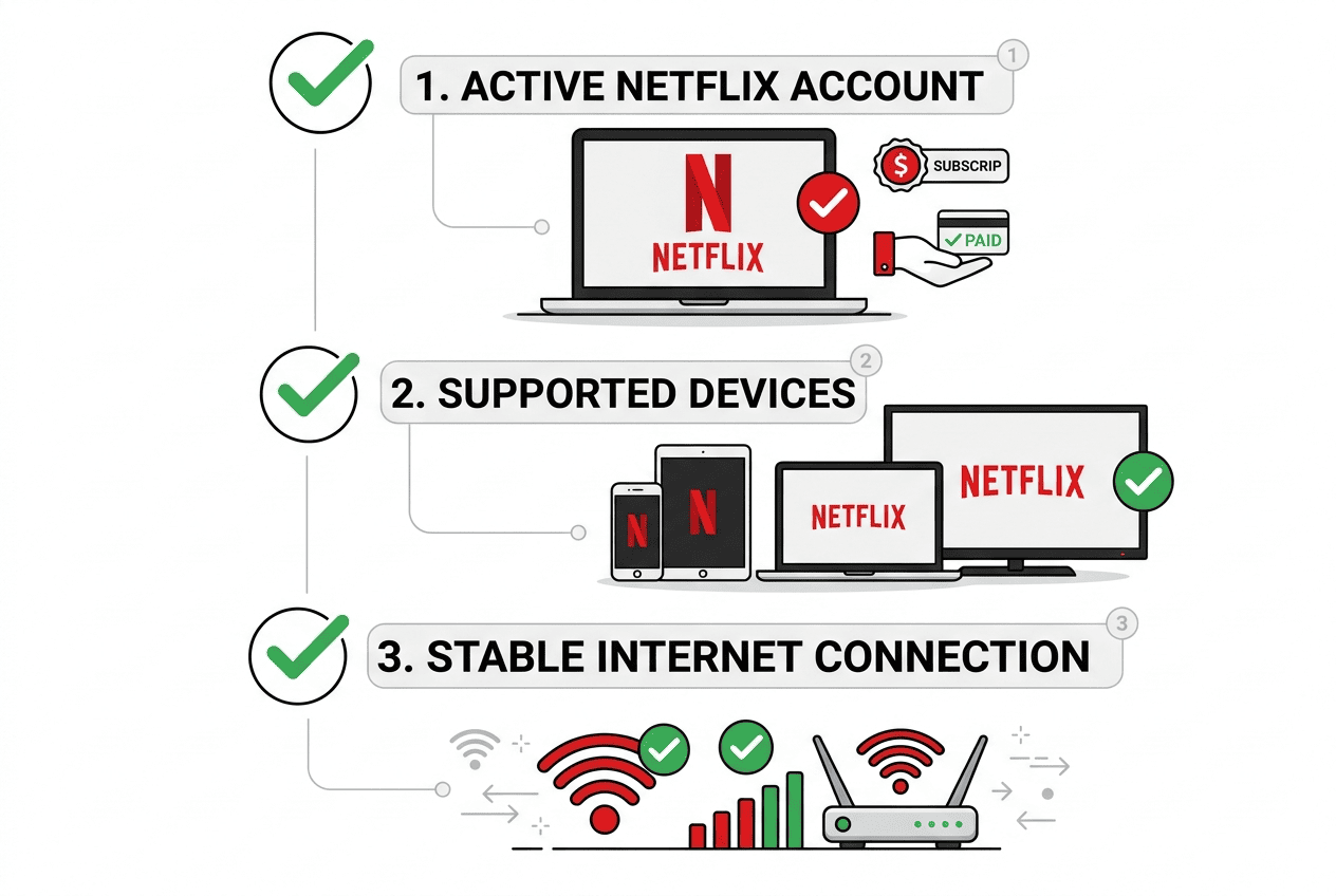 Checklist-style illustration showing an active Netflix account, a supported device, and a stable internet connection before using a VPN