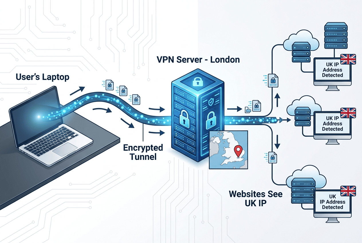 Diagram showing a laptop connected through a VPN server in London, with websites labeling the connection as a UK IP address
