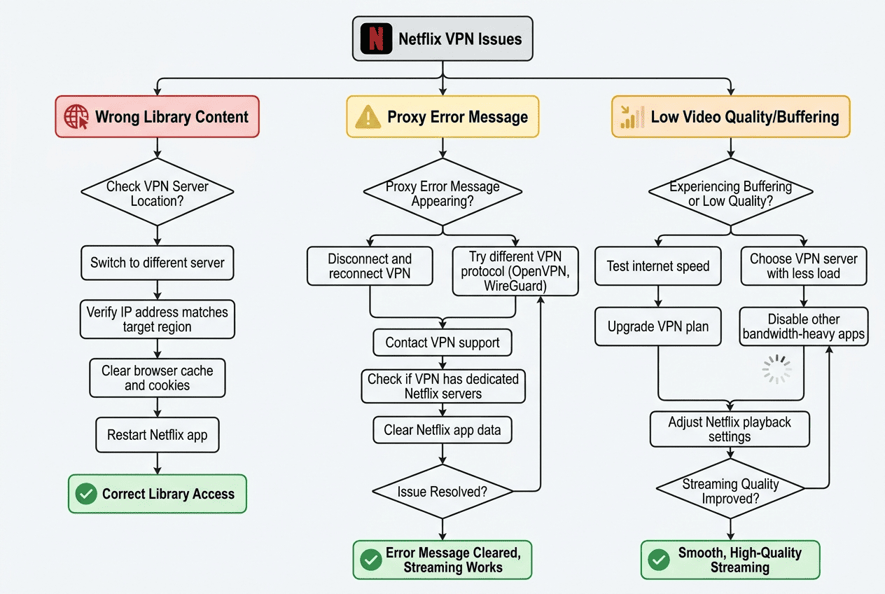 Troubleshooting flowchart for Netflix VPN issues showing three branches: wrong library, proxy error, and low video quality
