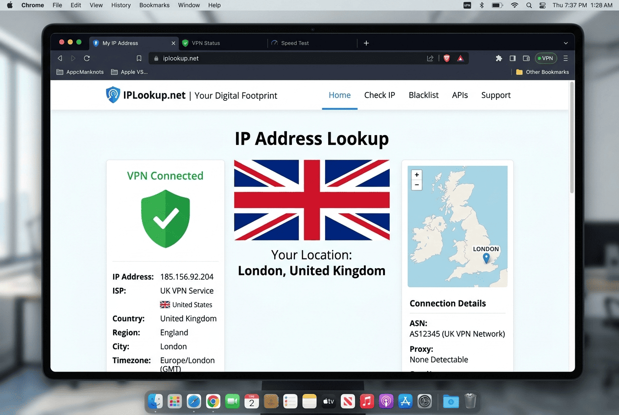 IP lookup website on a desktop browser showing a UK flag and London as the detected location after VPN connection