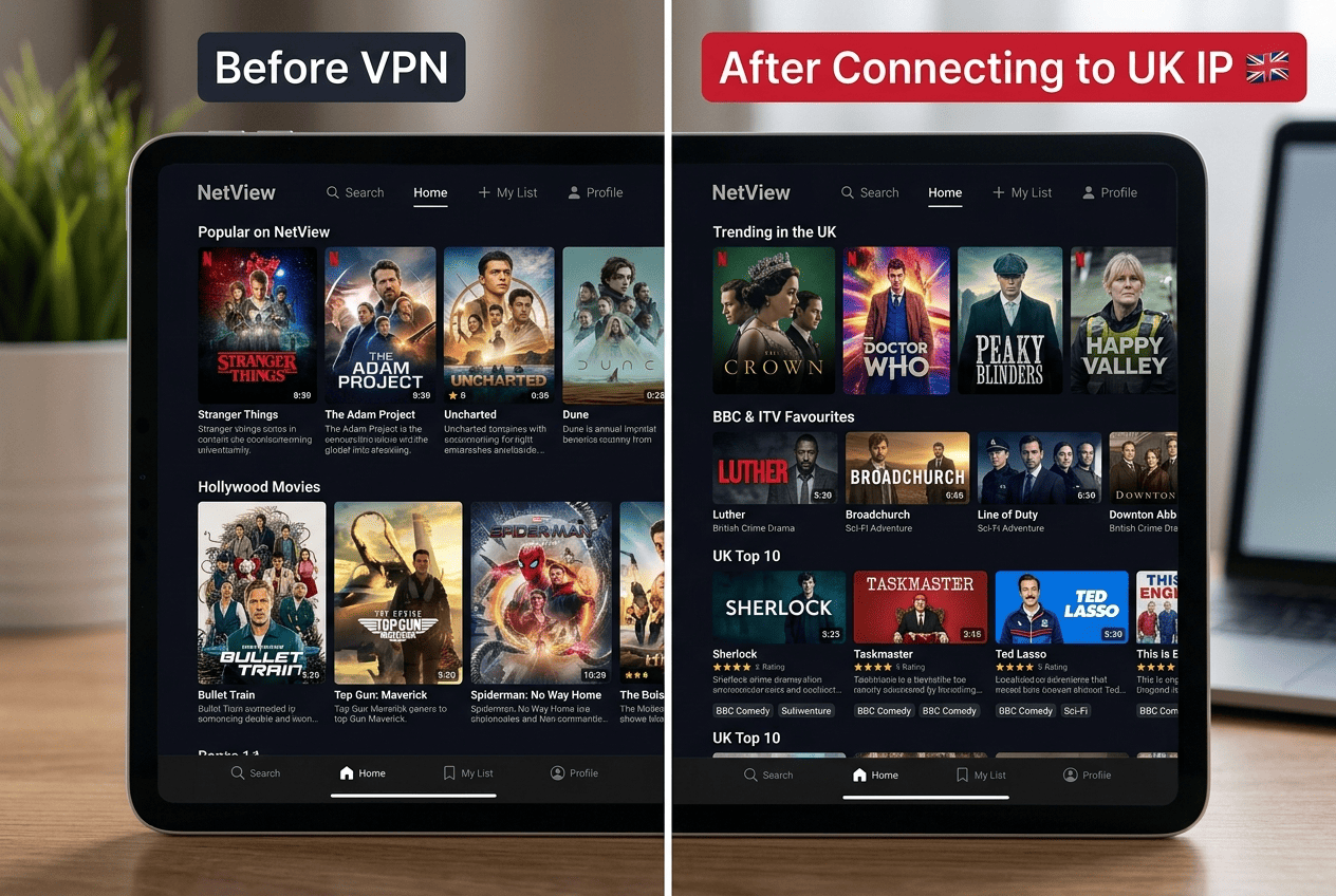 Split-screen comparison of a streaming homepage before and after connecting to a UK IP, showing UK-specific content tiles and local search results