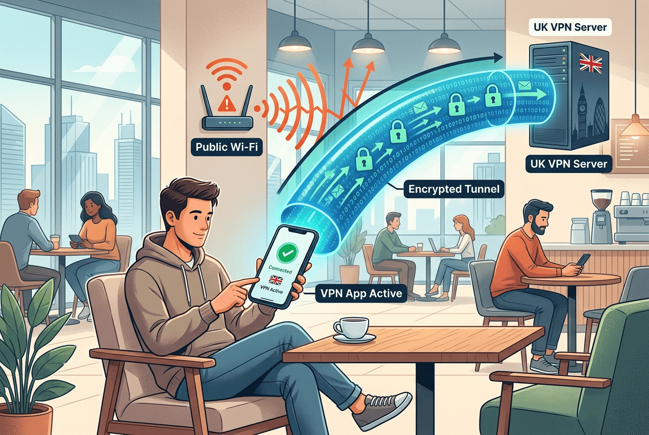 Person on public Wi-Fi with a VPN app active, showing an encrypted tunnel from a phone to a UK server
