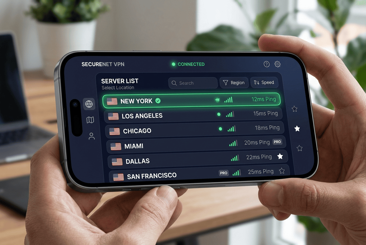 VPN app server list highlighting multiple US locations such as New York, Los Angeles, and Chicago with a connected status indicator