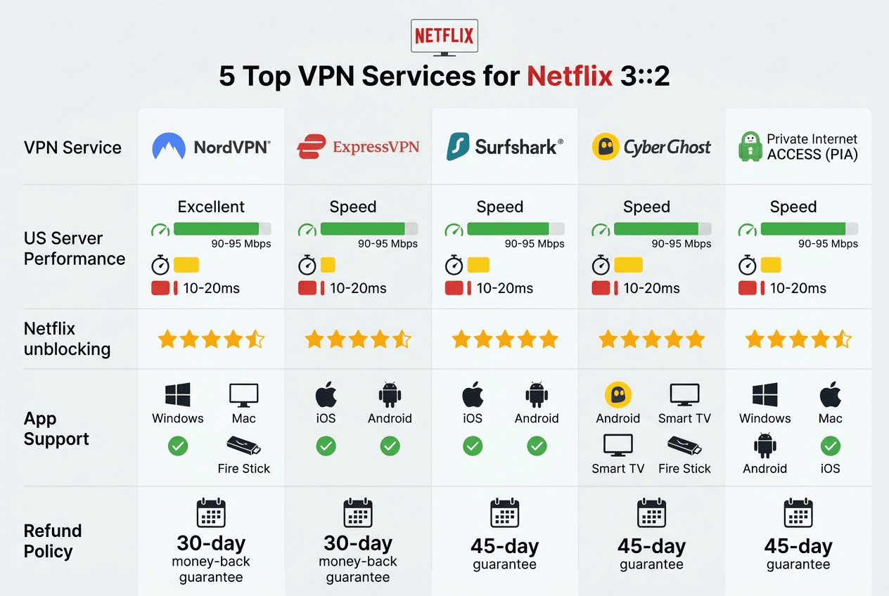 Comparison chart of top VPN services for Netflix showing US server performance, app support, and refund policy