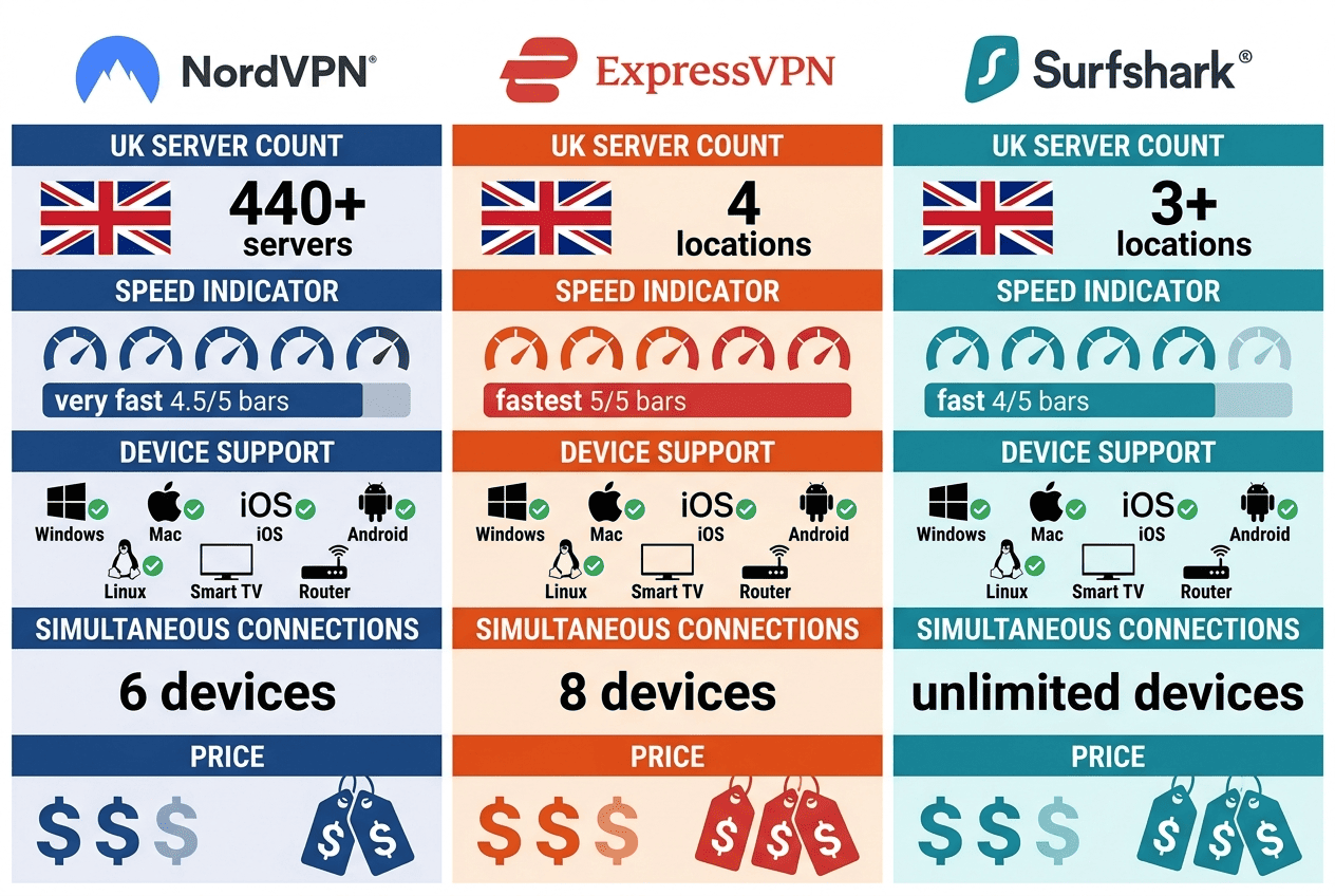 Comparison chart of NordVPN, ExpressVPN, and Surfshark with UK server counts, speed indicators, and device support icons