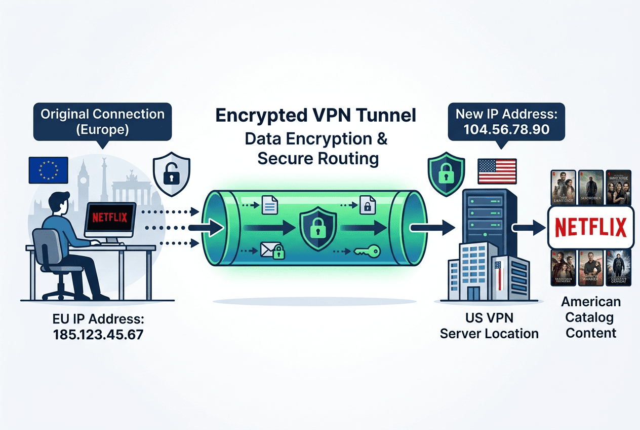 Diagram of a user in Europe connecting through a US VPN server to access the American Netflix catalog, with encrypted tunnel and IP change