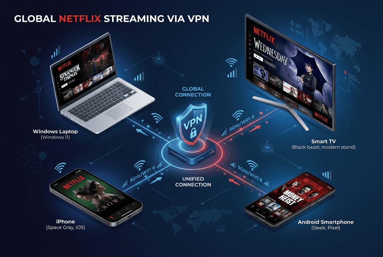 Four-device setup graphic showing Netflix streaming on a Windows laptop, iPhone, Android phone, and smart TV connected to the same VPN account