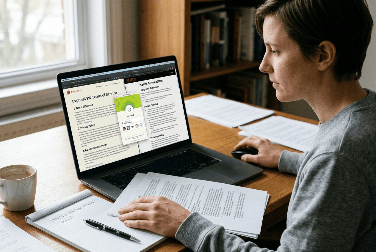 Person reviewing VPN terms of service and streaming platform rules on a laptop, with a UK IP toggle shown on-screen