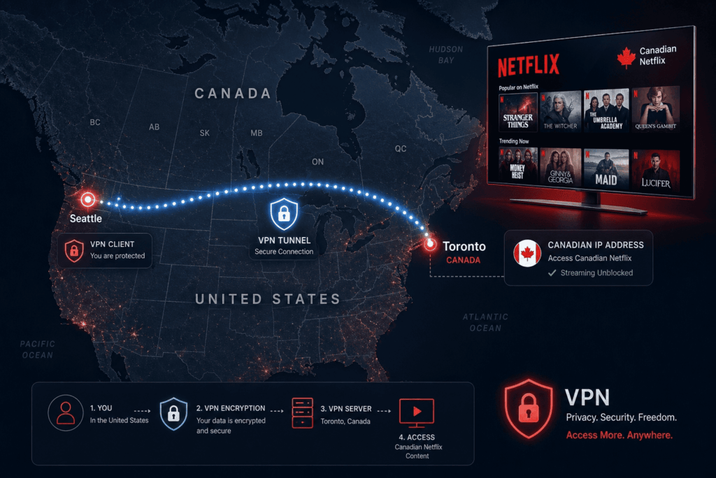 VPN connection from the US to a Canadian server to access Canadian Netflix