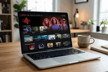 Screenshot of a Netflix home screen showing the US catalog on a laptop after connecting to a US VPN server