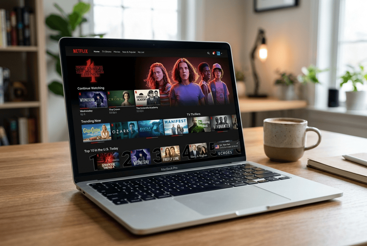 Screenshot of a Netflix home screen showing the US catalog on a laptop after connecting to a US VPN server