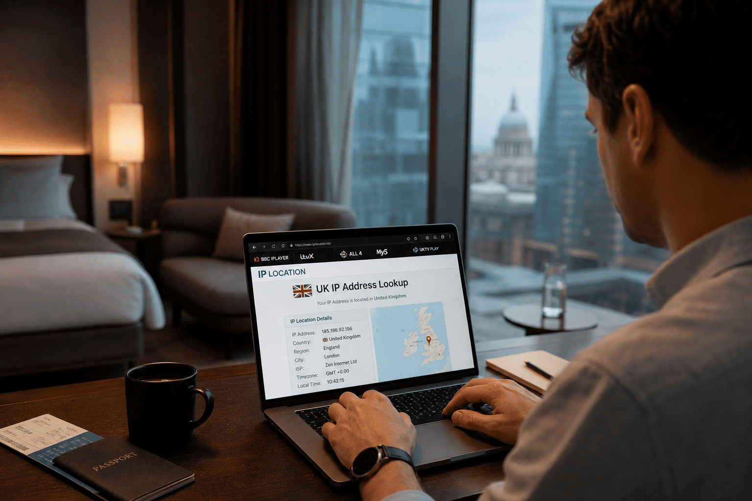 Traveler using a laptop on hotel Wi-Fi with a UK IP lookup page open and UK streaming services visible in the background
