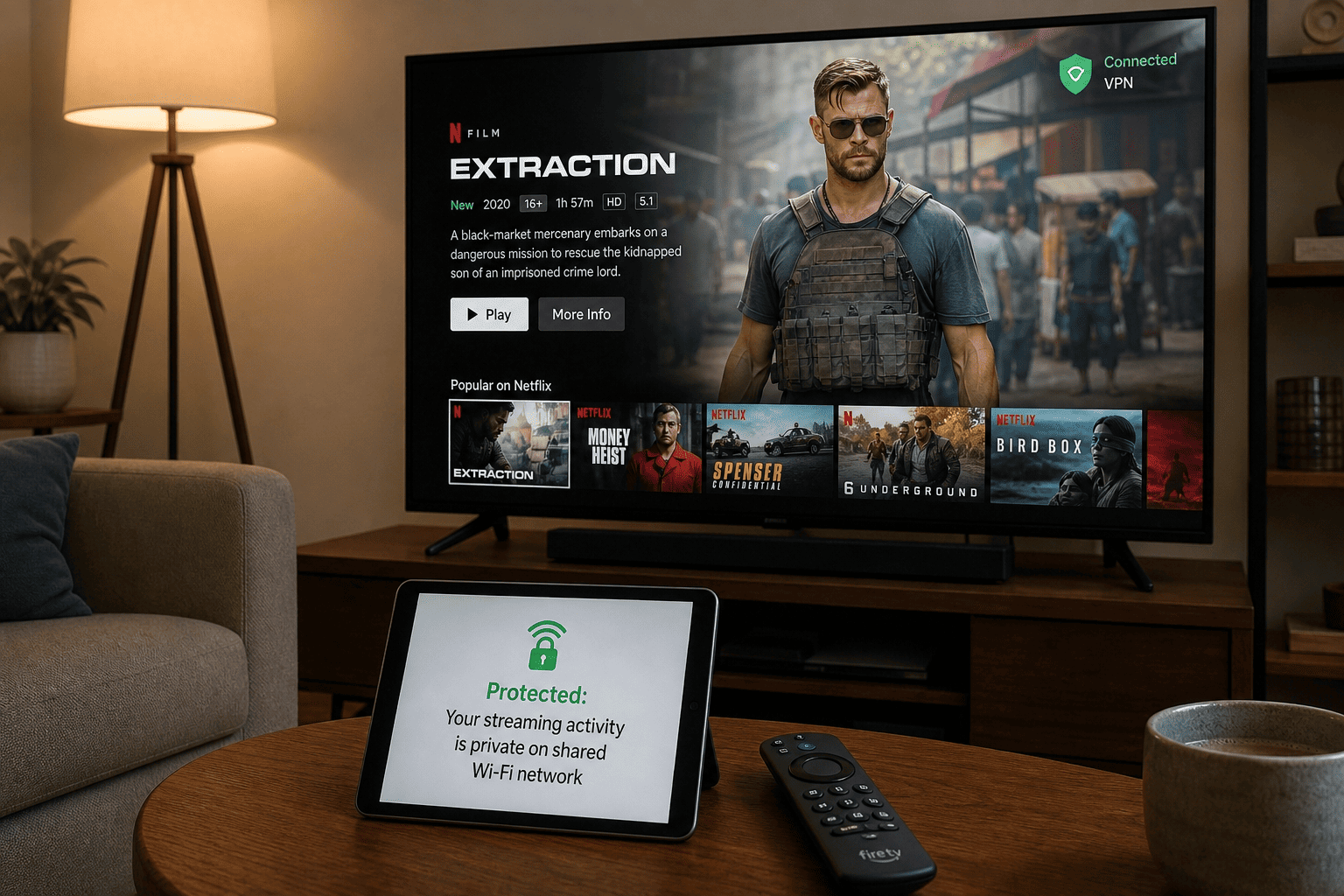 Living-room Fire TV setup showing a streaming app, VPN status indicator, and a note about privacy on shared Wi-Fi
