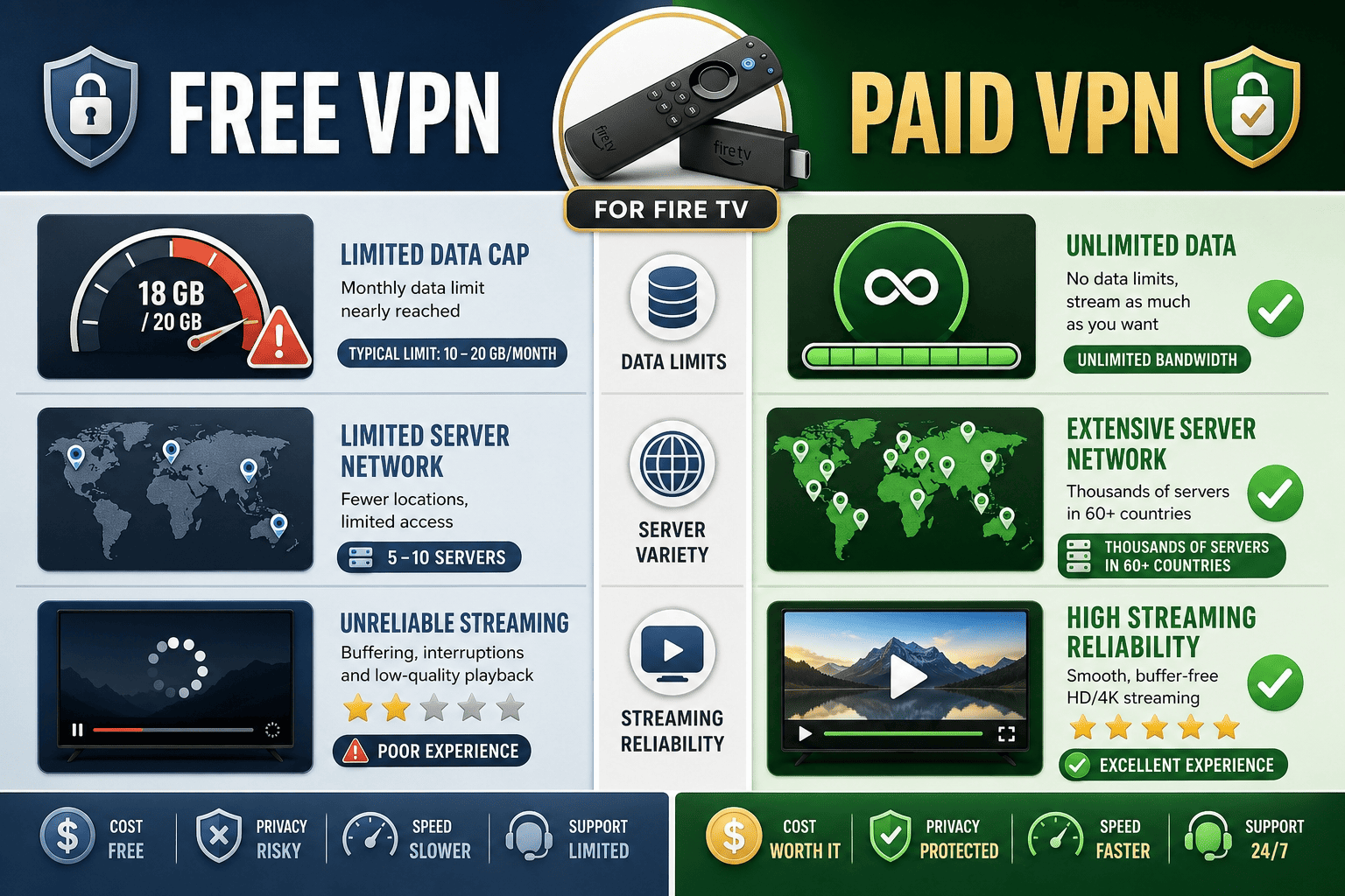 Side-by-side comparison graphic of free VPN and paid VPN on Fire TV, highlighting data caps, server variety, and streaming reliability