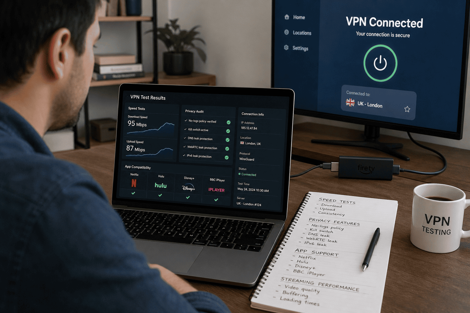 Analyst reviewing Fire TV VPN test results on a laptop beside a Firestick-connected TV, with speed, privacy, and app support notes
