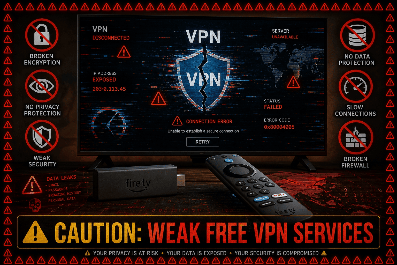 Caution graphic showing a Fire TV screen with a broken VPN app, crossed-out privacy icons, and a warning about weak free services