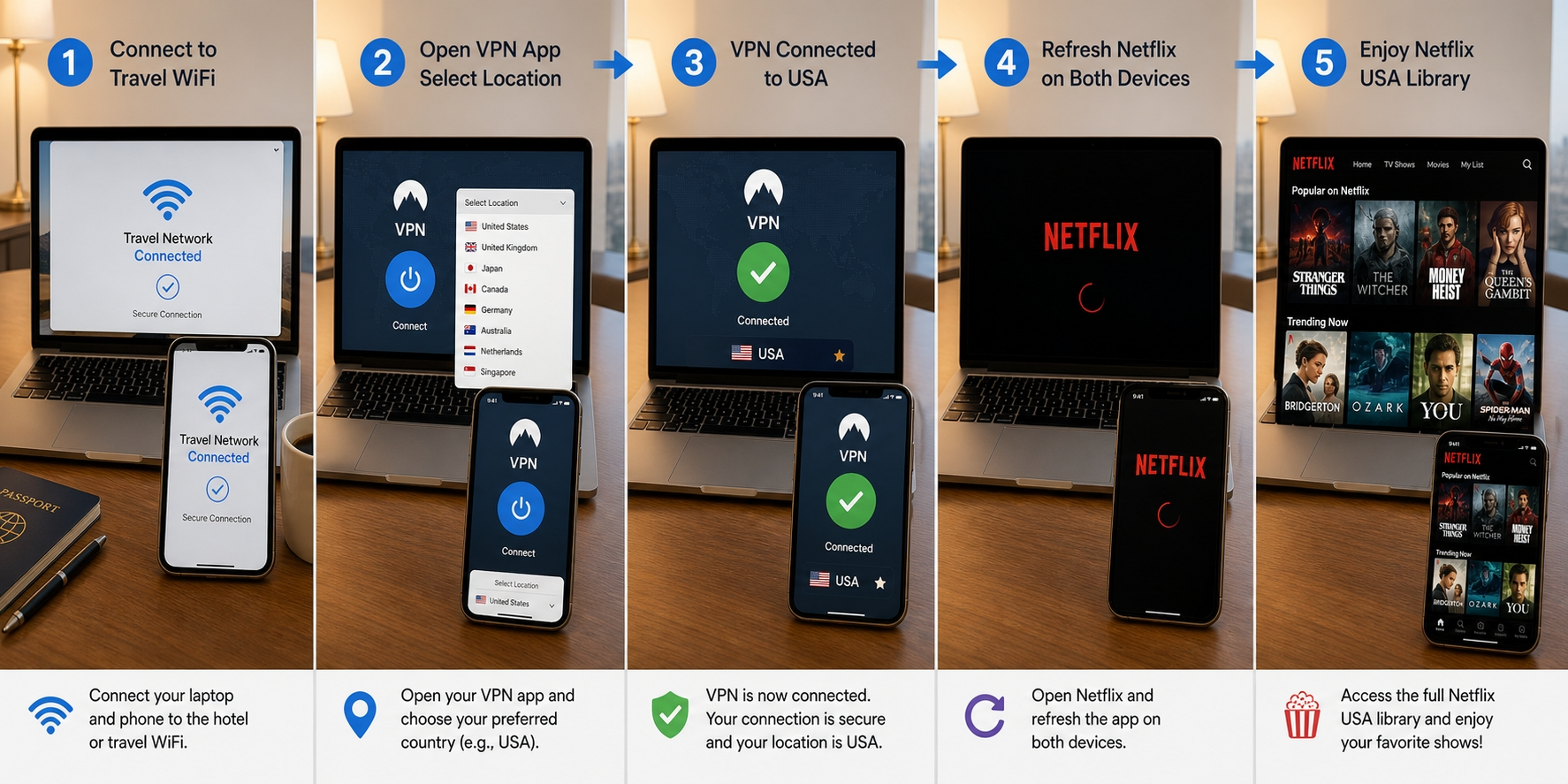 Step-by-step laptop and phone setup sequence showing VPN connection, Netflix app refresh, and region selection on a travel network