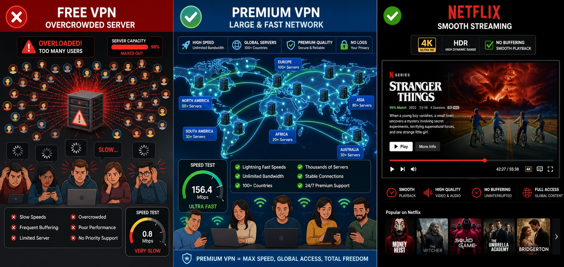 Split-screen illustration comparing a crowded free VPN server with a larger paid VPN network and a Netflix playback screen