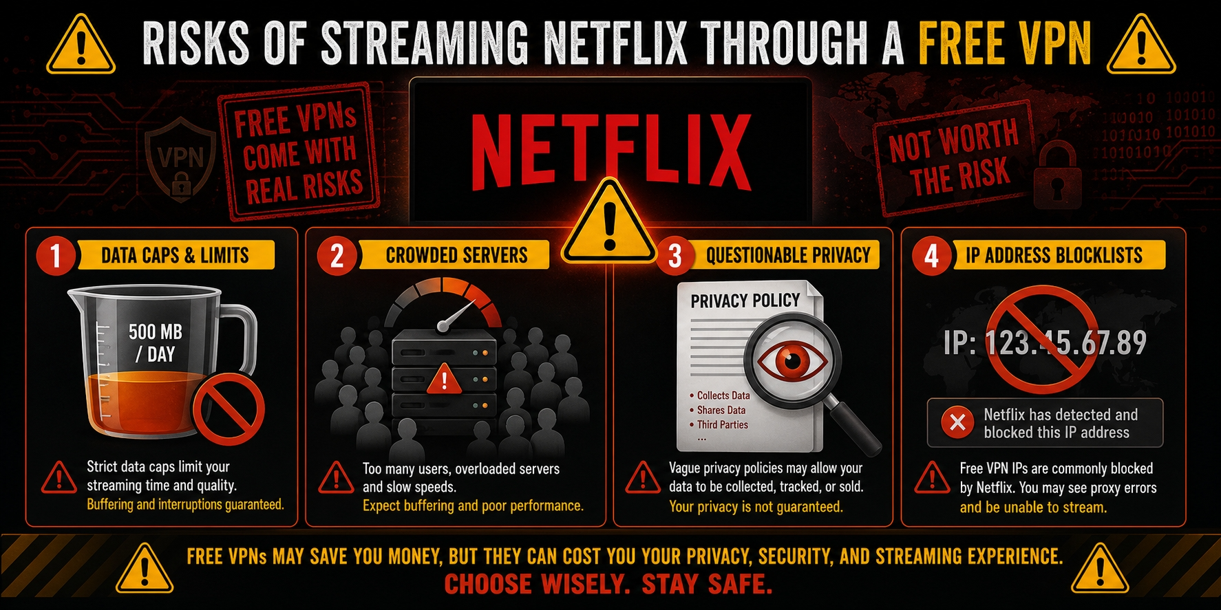 Warning-style illustration of Netflix streaming through a free VPN with icons for data cap, crowded servers, privacy policy, and IP blocklist