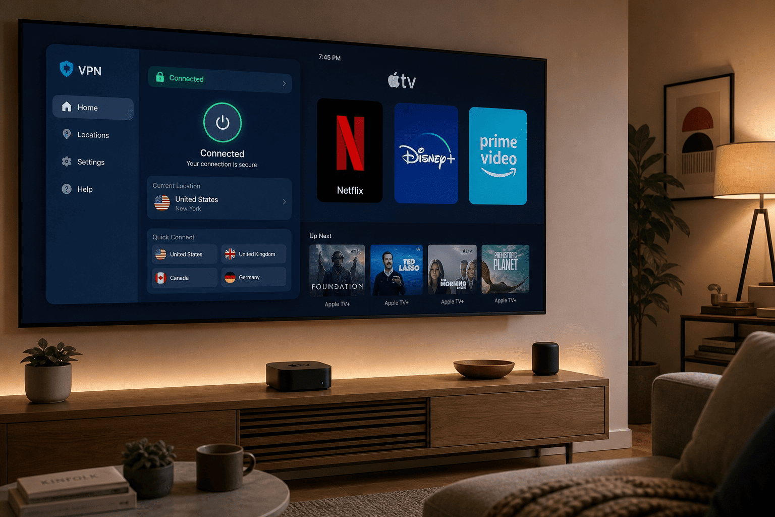Apple TV in a living room showing a VPN app menu alongside streaming service icons for Netflix, Disney+