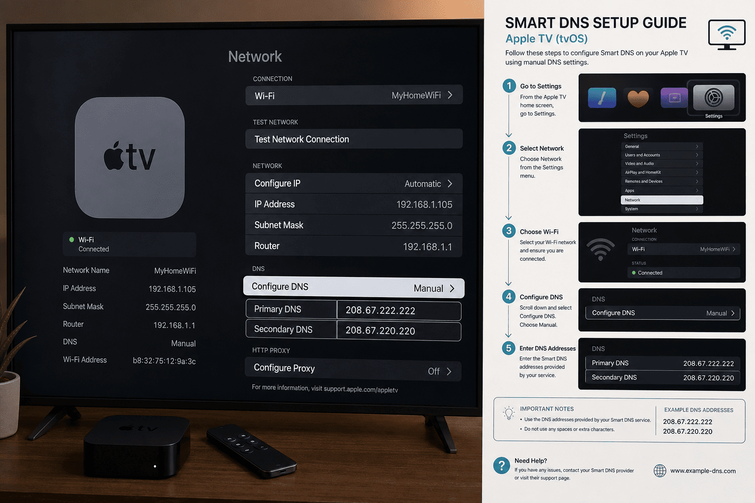 Apple TV Settings app showing the App Store, network settings, and VPN setup paths side by side