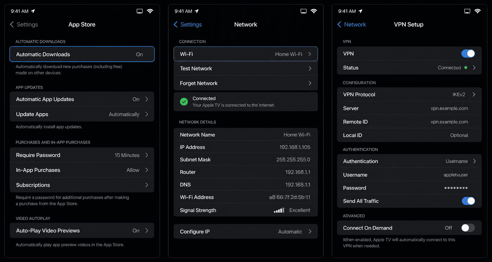 Apple TV network settings screen with manual DNS entry fields and a Smart DNS setup guide beside it