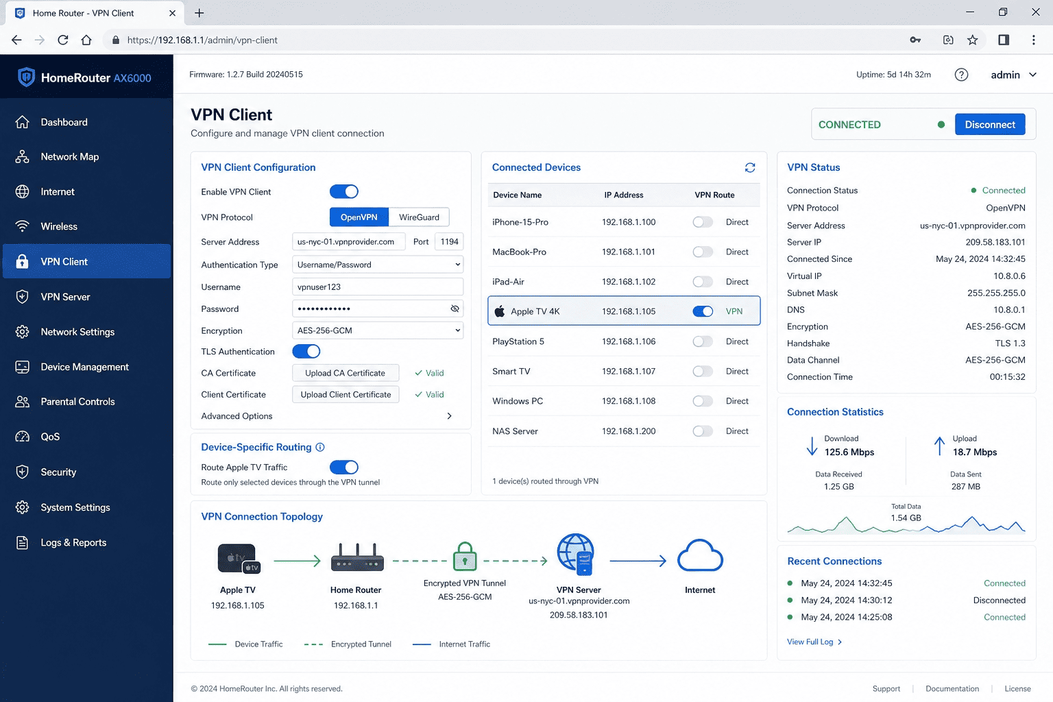 Home Wi-Fi router dashboard showing VPN client configuration for Apple TV traffic