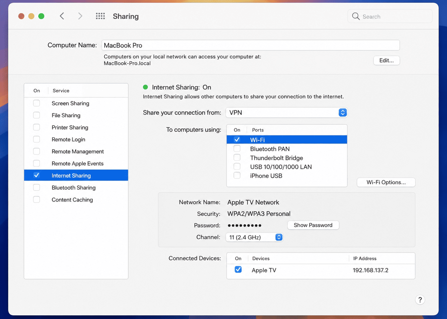 Mac network sharing settings showing a VPN connection being shared to Apple TV over Wi-Fi
