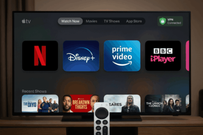 Apple TV screen displaying Netflix, Disney+, Prime Video, and BBC iPlayer logos with a VPN connection indicator