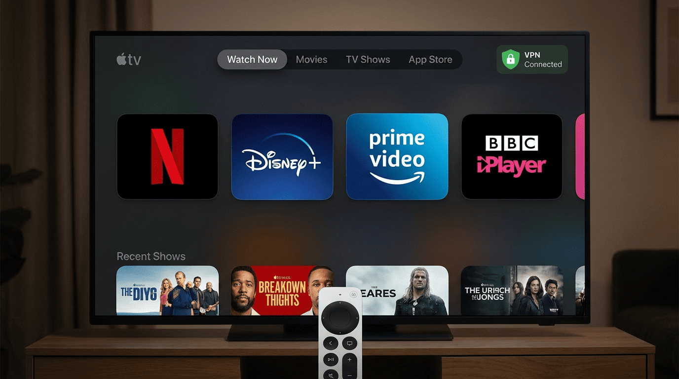 Apple TV screen displaying Netflix, Disney+, Prime Video, and BBC iPlayer logos with a VPN connection indicator