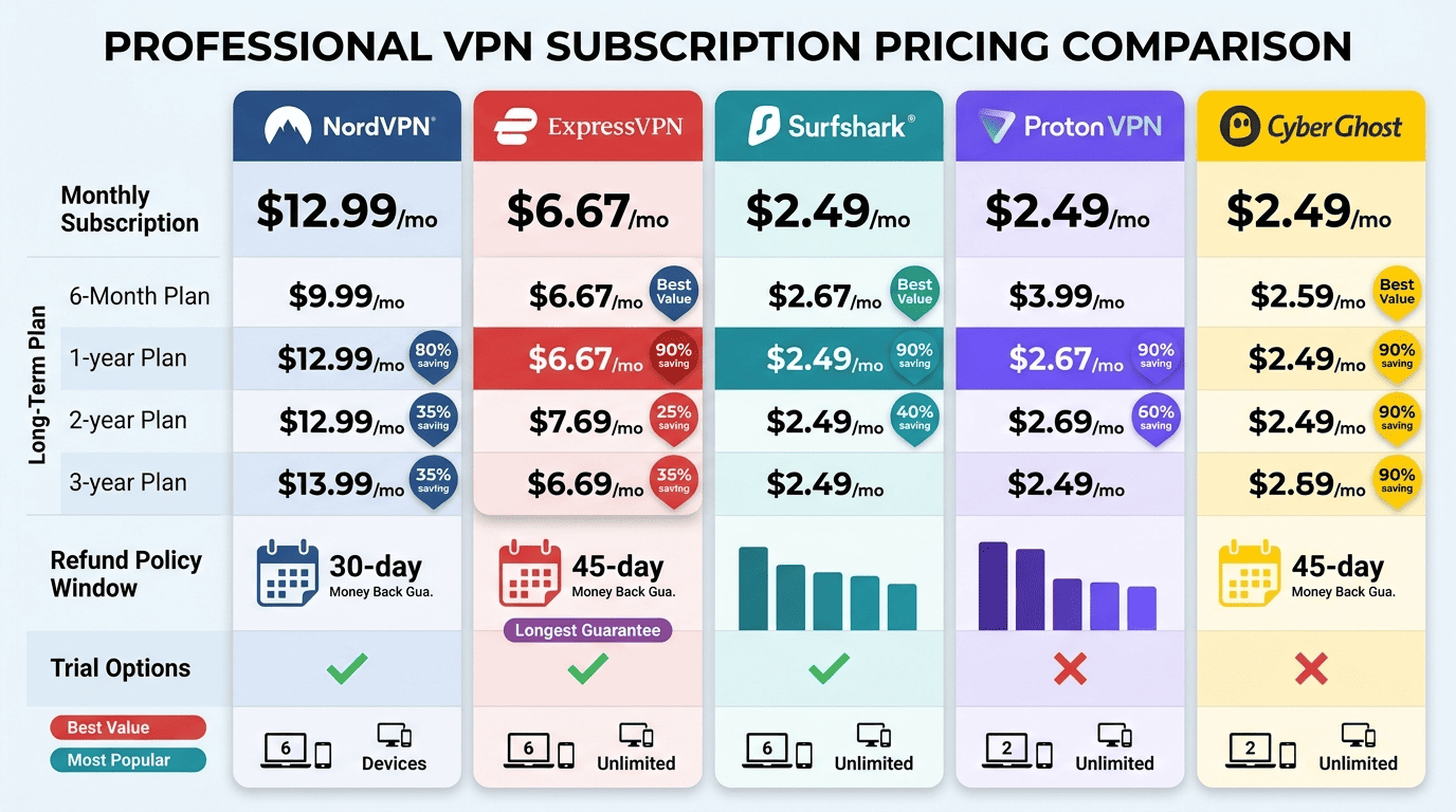 Subscription pricing comparison graphic showing monthly vs long-term VPN plans, refund windows, and trial options across providers
