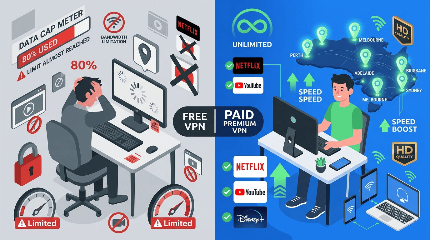 Split-screen illustration showing a limited free VPN with data caps versus a paid VPN with multiple Australian servers and streaming support