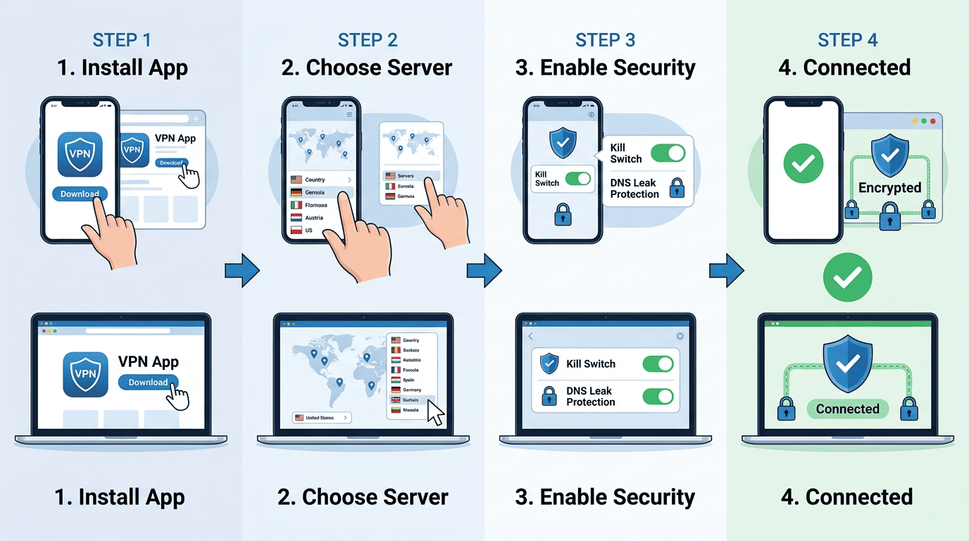 Step-by-step VPN setup illustration on a phone and laptop showing app install, server selection, security toggles, and connection status