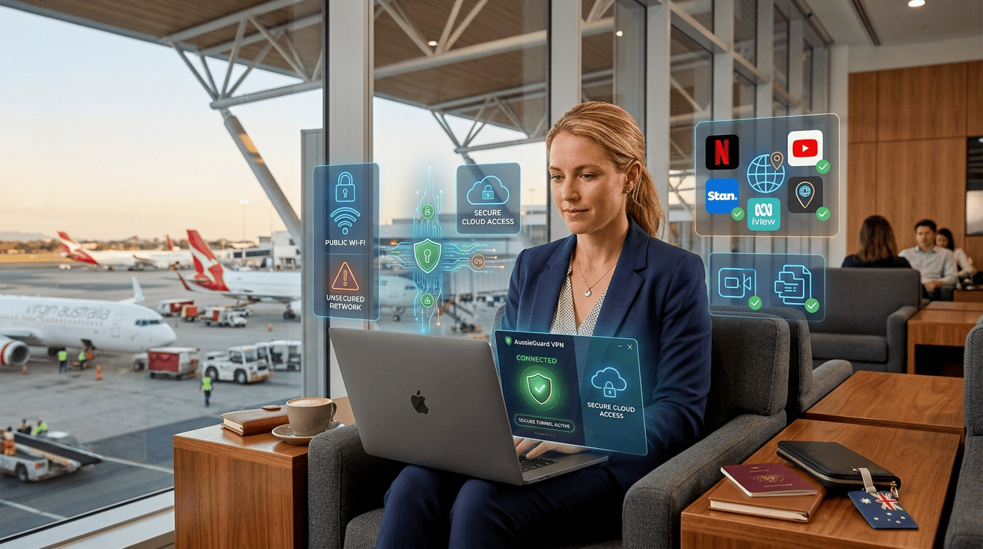 Australian traveler using a VPN on a laptop in an airport lounge, with icons for streaming, public Wi-Fi security, and remote work