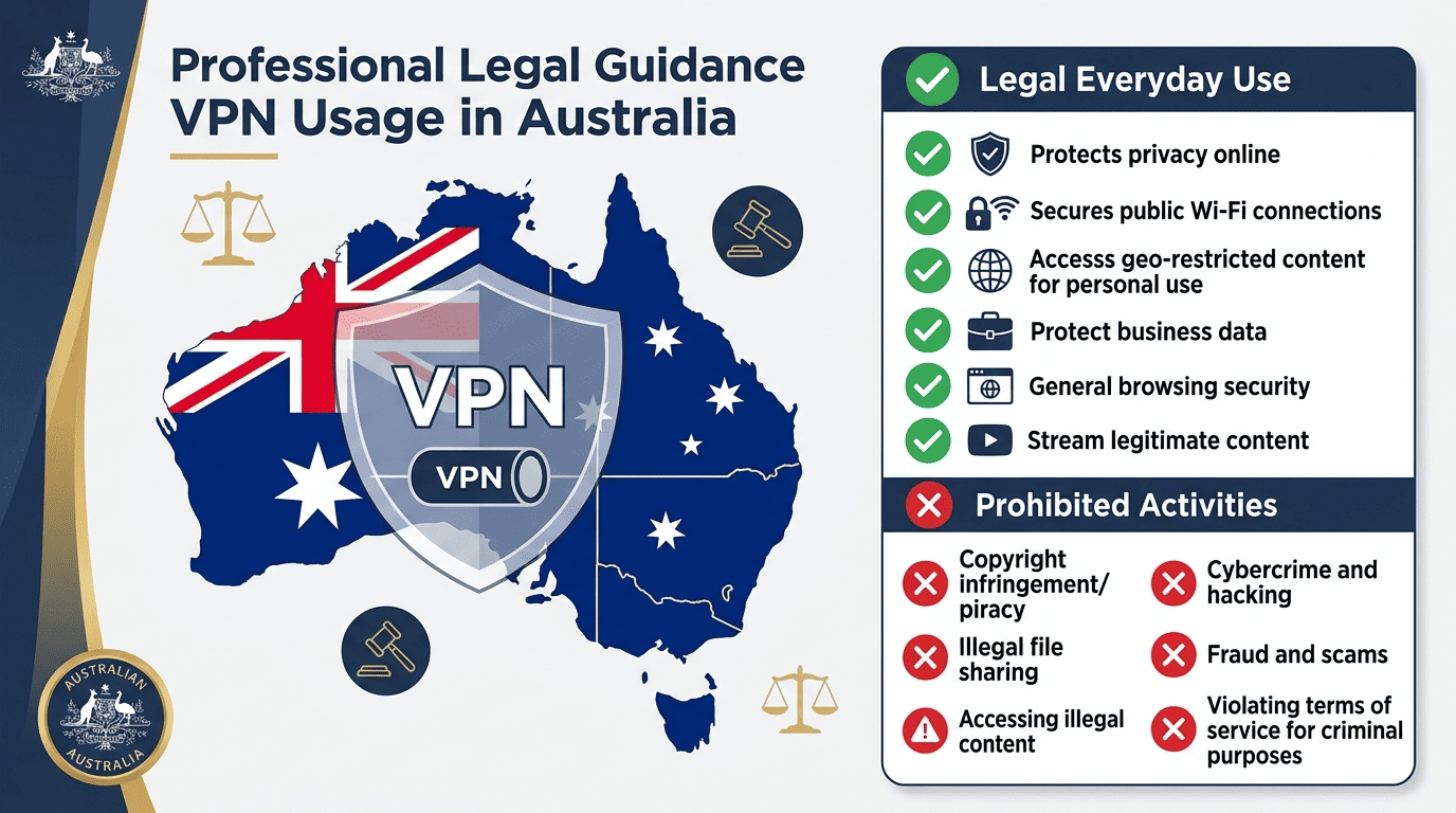 Legal guidance illustration with a VPN icon over a map of Australia and a checklist showing legal everyday use versus prohibited activity
