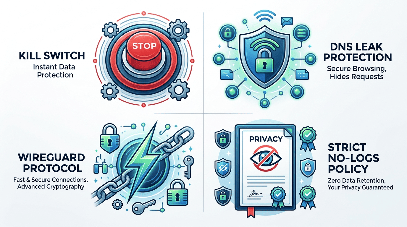 Security checklist illustration showing a kill switch, DNS leak protection, WireGuard protocol, and a no-logs policy document