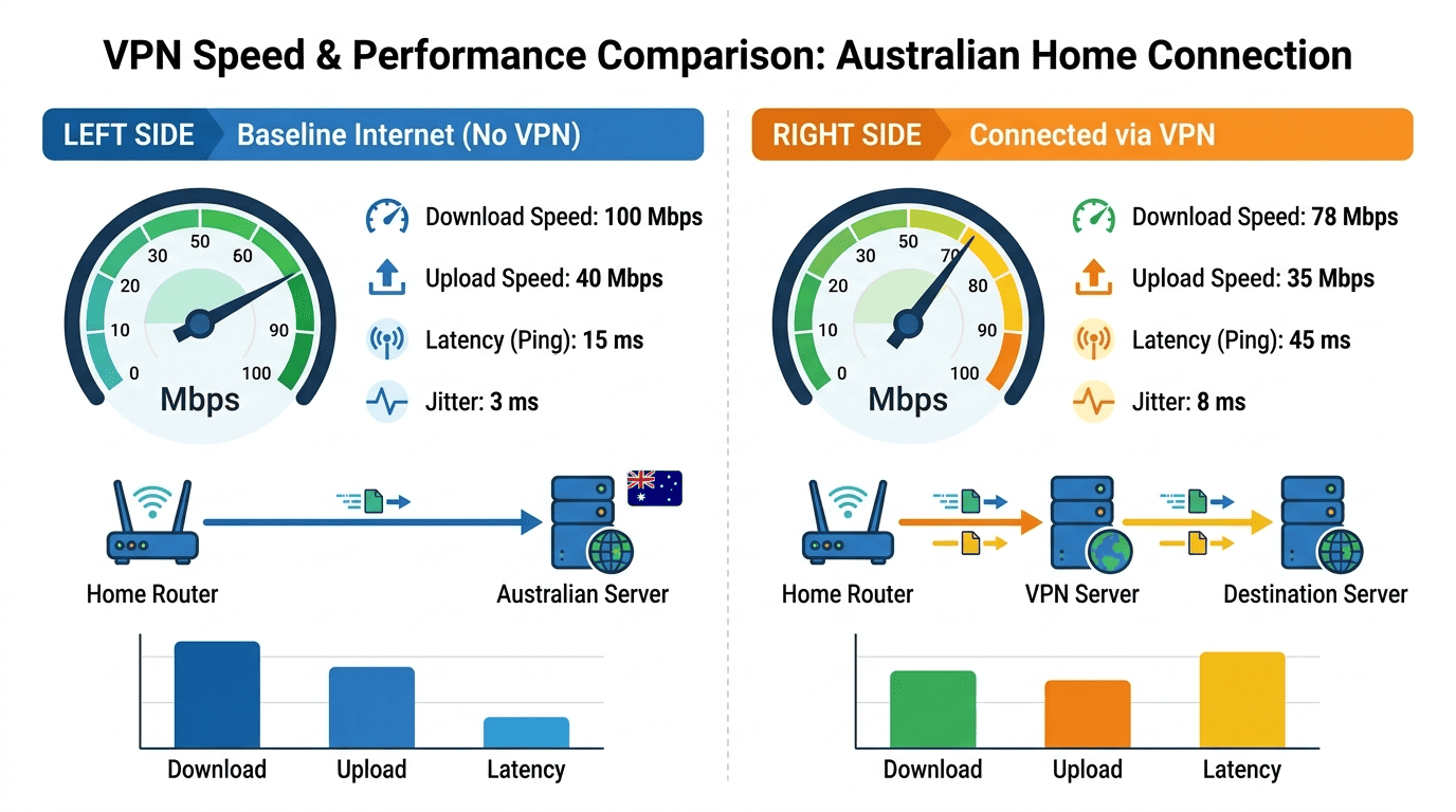 Diagram of a VPN speed test from an Australian home connection showing baseline internet versus connected VPN latency and download rate