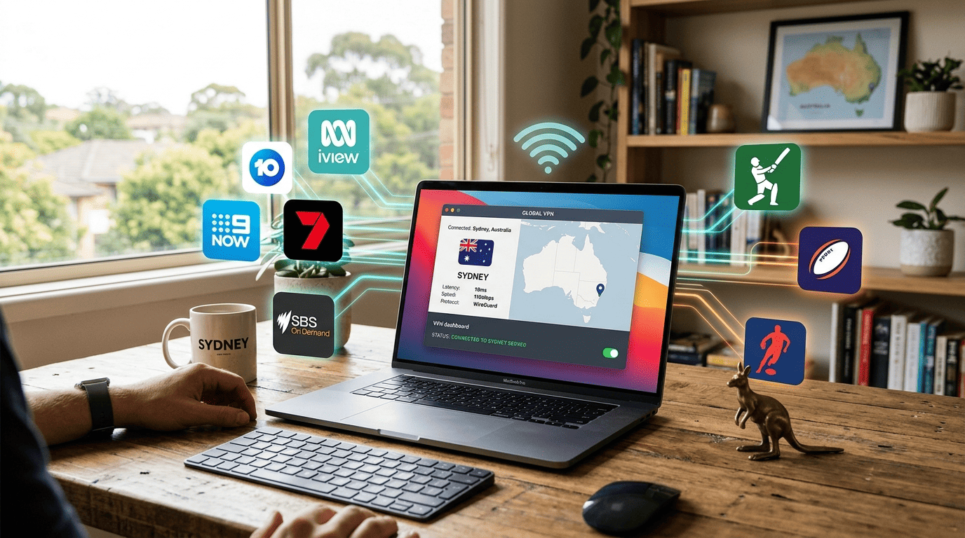 Australian streaming setup showing a VPN connected to a Sydney server on a laptop with live sports and catch-up TV icons nearby