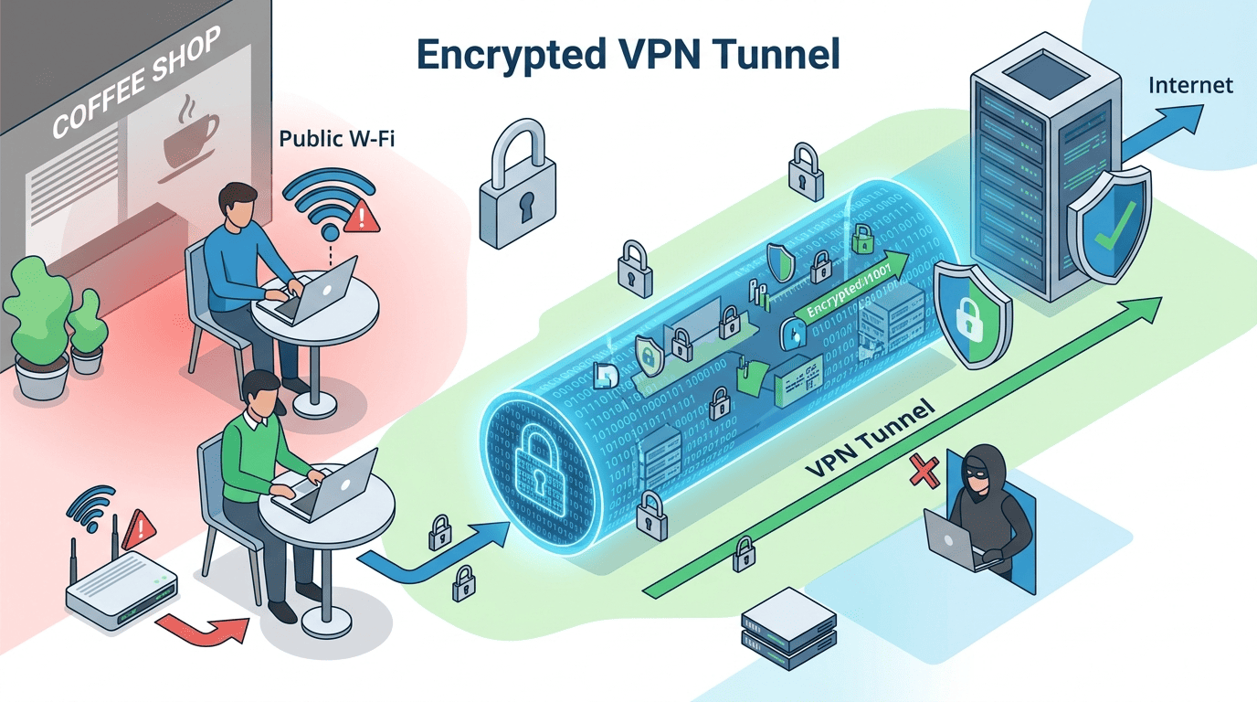 Privacy and security illustration showing a user on public Wi-Fi with a VPN tunnel, lock icon, and encrypted data path to a secure server
